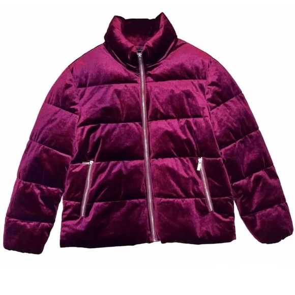 SAKS FIFTH AVENUE BLACK LABEL Burgundy Velvet Full Zip Puff Jacket Zip Pockets L - Picture 1 of 10